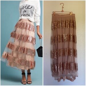 Anthropologie Eva Franco Revelry Midi Blush Pink Rose Sequin Tulle Layered Skirt
